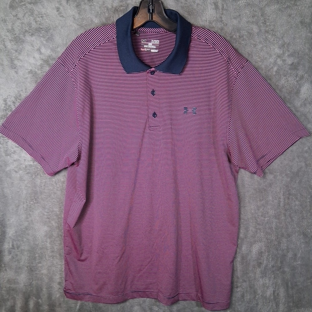 Under Armour Heat Gear Polo Shirt Mens Size Xl Purple NavybBlue Stripes Stretch